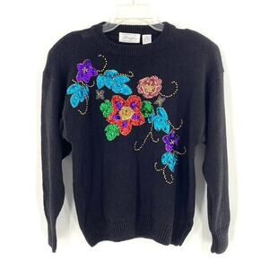 Margules Womens Vintage Sweater Sequined Black Floral‎ 80s Size M Shoulder Pads